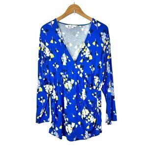 Boden Floral Jersey Surplice Top Size 16 Faux Wrap Blue White Yellow